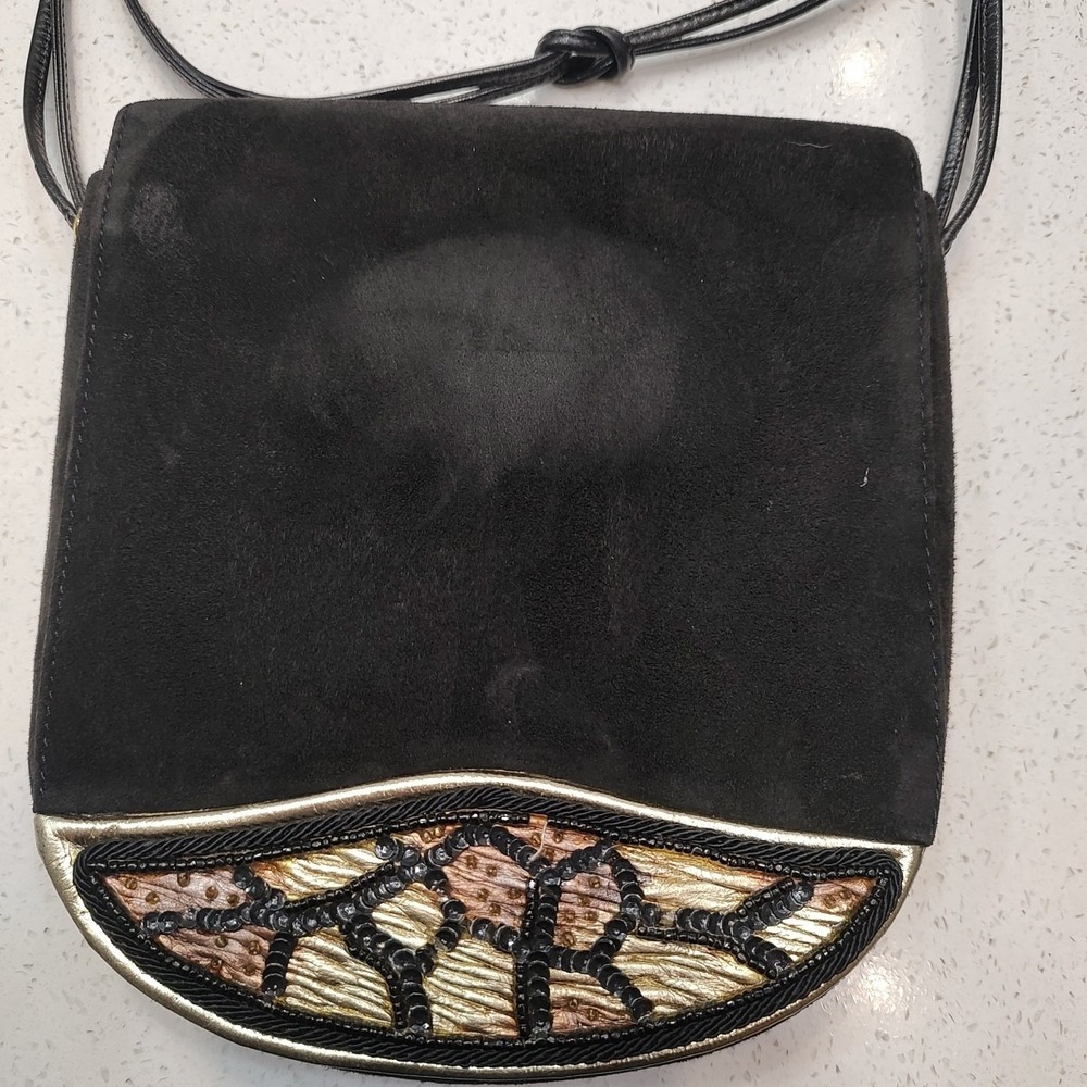 VTG Rodo Italy Black Suede Evening Shoulder Bag Crossbody Purse Beaded Metallic‎